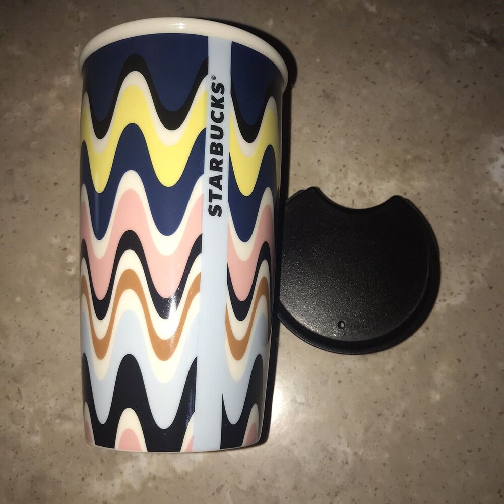 Starbucks Color Waves Wavy Groovy Ceramic Tumbler Travel Mug W/ Lid 12 oz